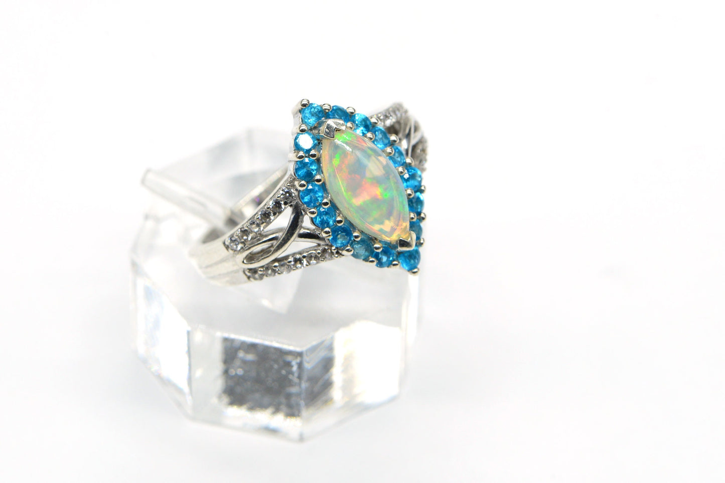 Neon Blue Apatite Opal Marquise  Ring Size 9 Fancy Girls Ring