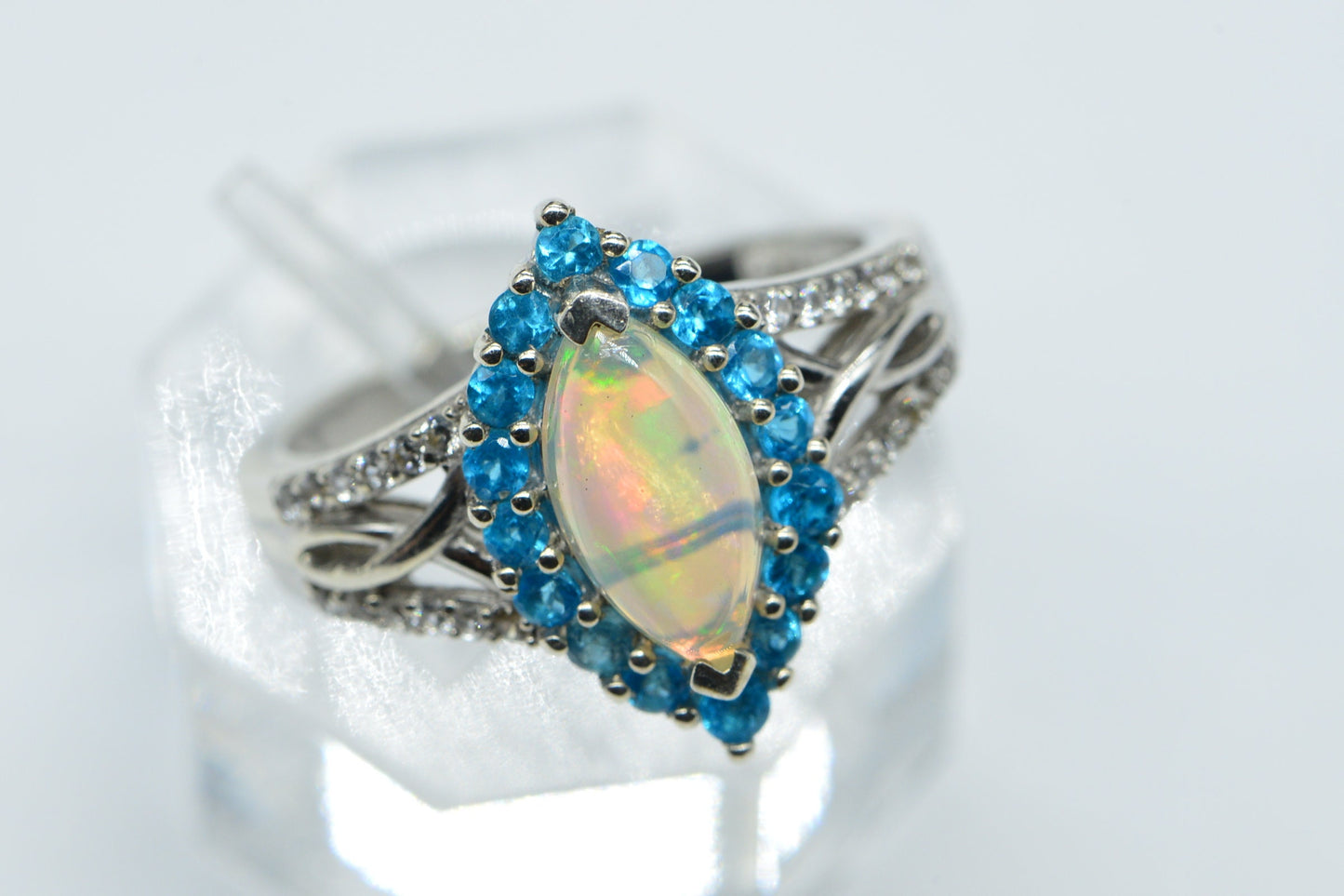 Neon Blue Apatite Opal Marquise  Ring Size 9 Fancy Girls Ring