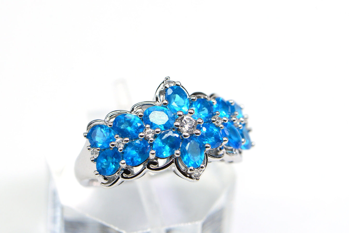 Neon Apatite Flower Ring, 14K White Gold Over Sterling Silver, Size 8.25