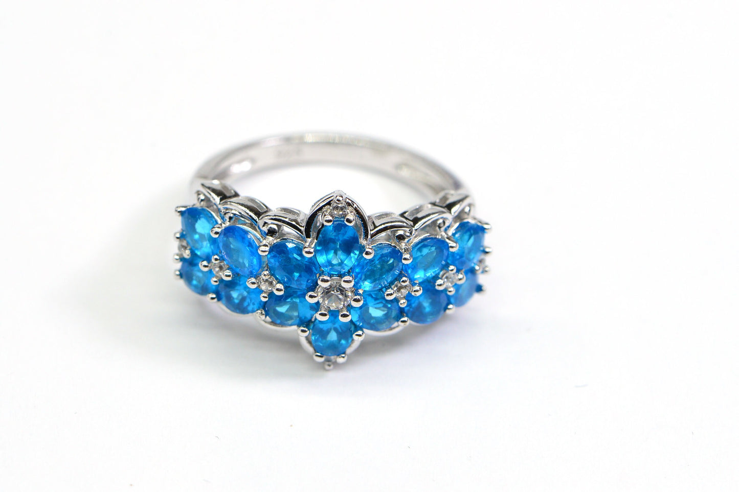 Neon Apatite Flower Ring, 14K White Gold Over Sterling Silver, Size 8.25
