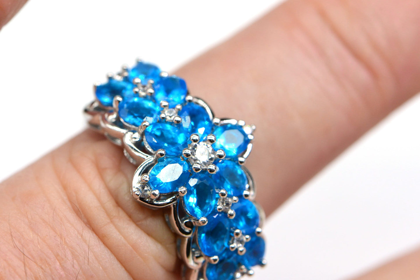 Neon Apatite Flower Ring, 14K White Gold Over Sterling Silver, Size 8.25