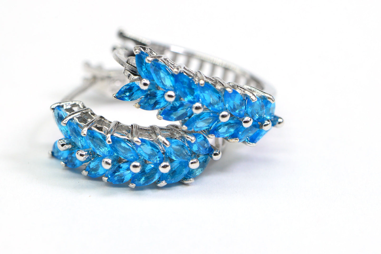 Sterling Silver Hoop Earrings with Blue Apatite Marquise