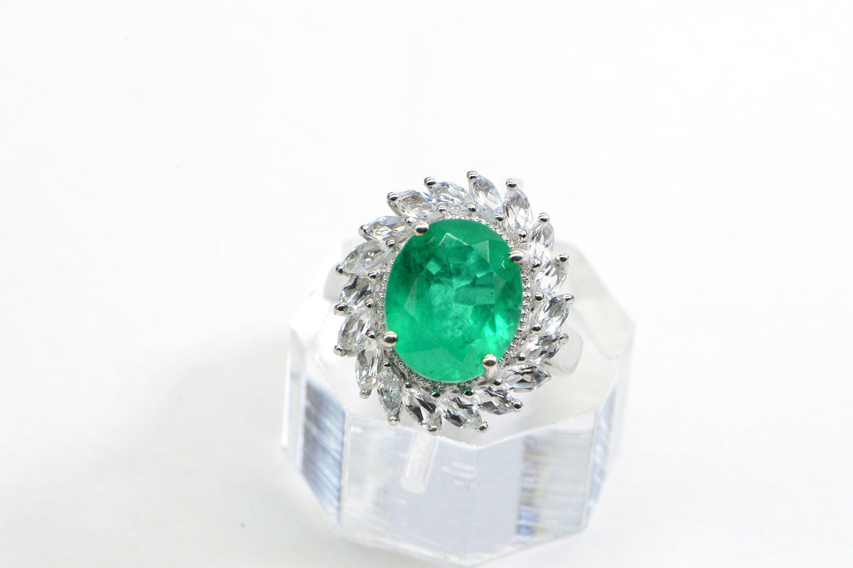 Vintage Doublet Emerald Ring White Topaz Large Cushion Gemstone Ring Sterling Silver