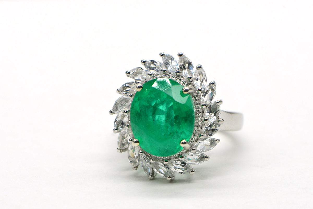 Vintage Doublet Emerald Ring White Topaz Large Cushion Gemstone Ring Sterling Silver