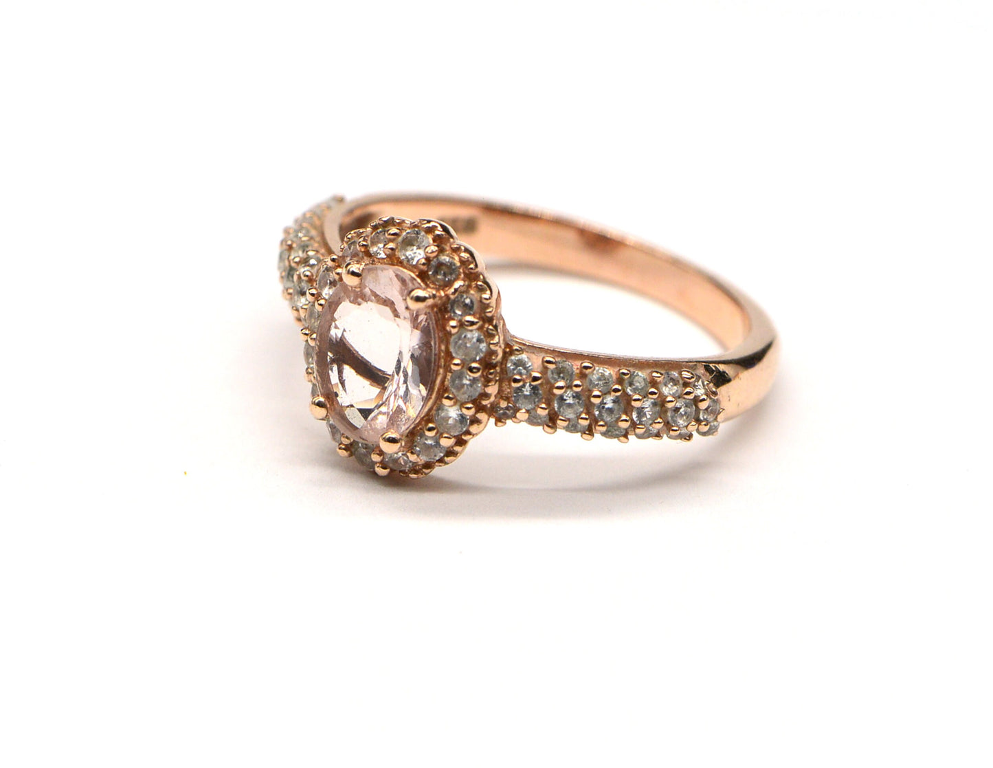 Morganite Engagement Ring Halo Diamond Rose Gold Over Sterling Silver Oval Pink Stone Ring