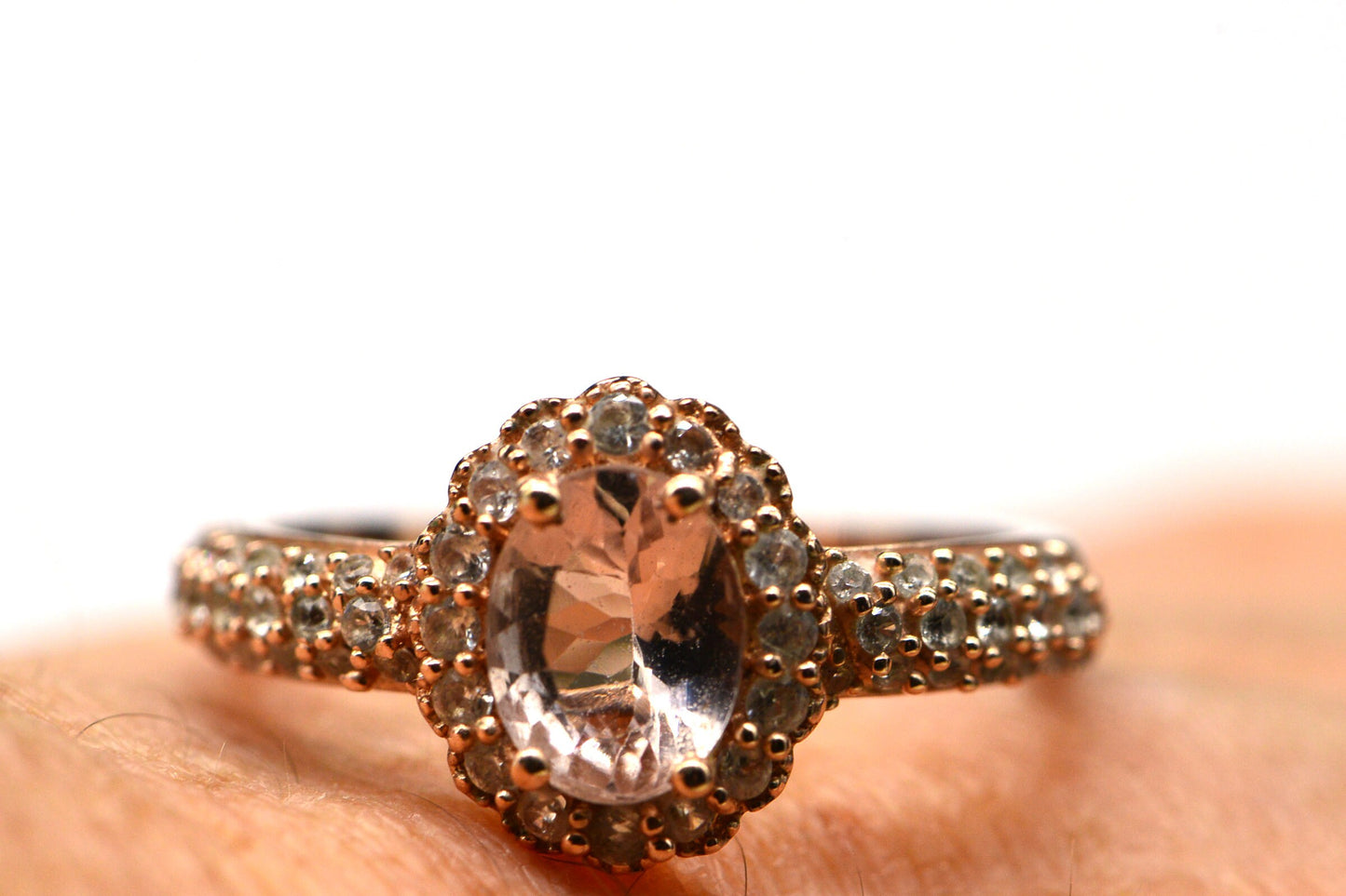 Morganite Engagement Ring Halo Diamond Rose Gold Over Sterling Silver Oval Pink Stone Ring