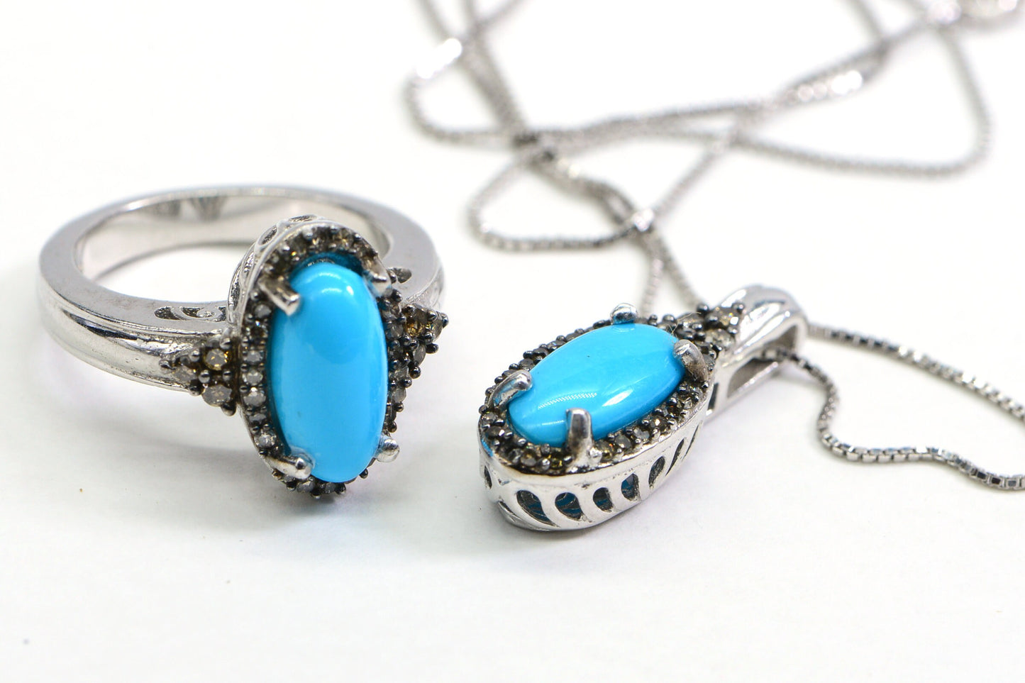 Sleeping Beauty Turquoise Ring and Pendant Set, Brown Diamond, Sterling Silver