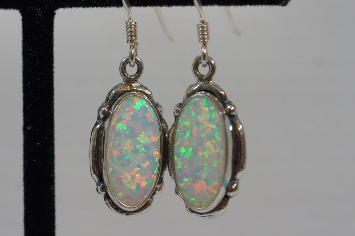 Sterling Silver Opal Dangle Earrings: Lab Created White Opal