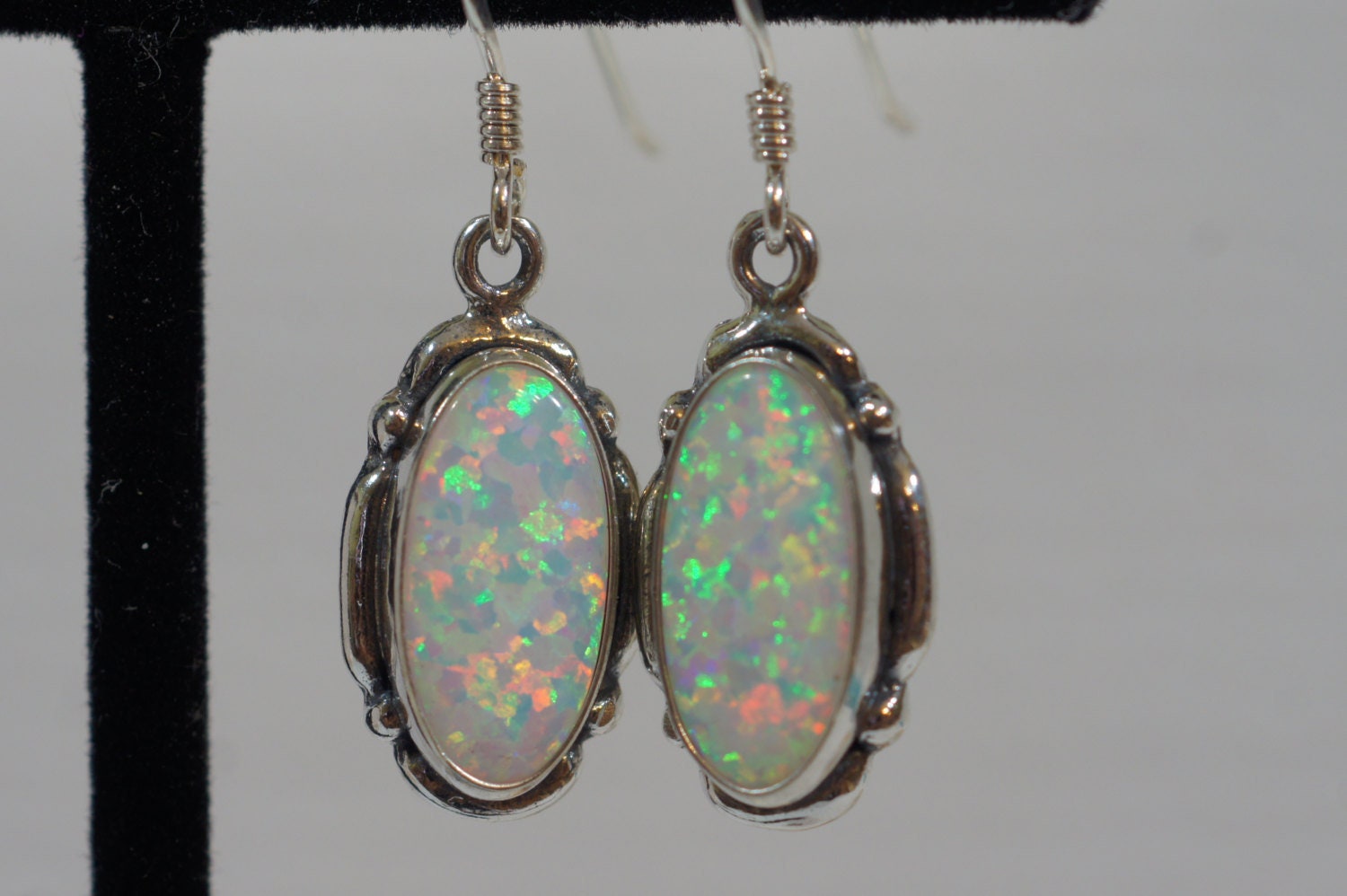 Sterling Silver Opal Dangle Earrings: Lab Created White Opal