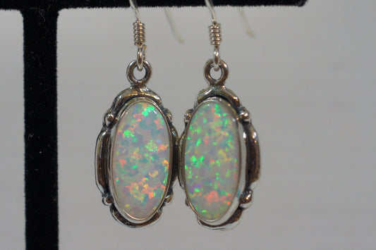 Sterling Silver Opal Dangle Earrings: Lab Created White Opal