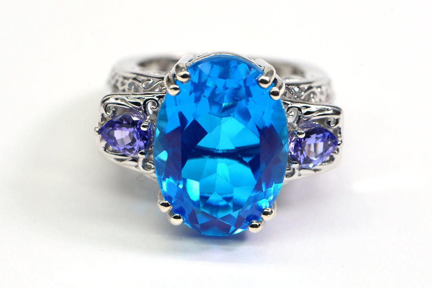 Electric Blue Topaz Natural Tanzanite Large Stone Cocktail Ring Sterling Silver