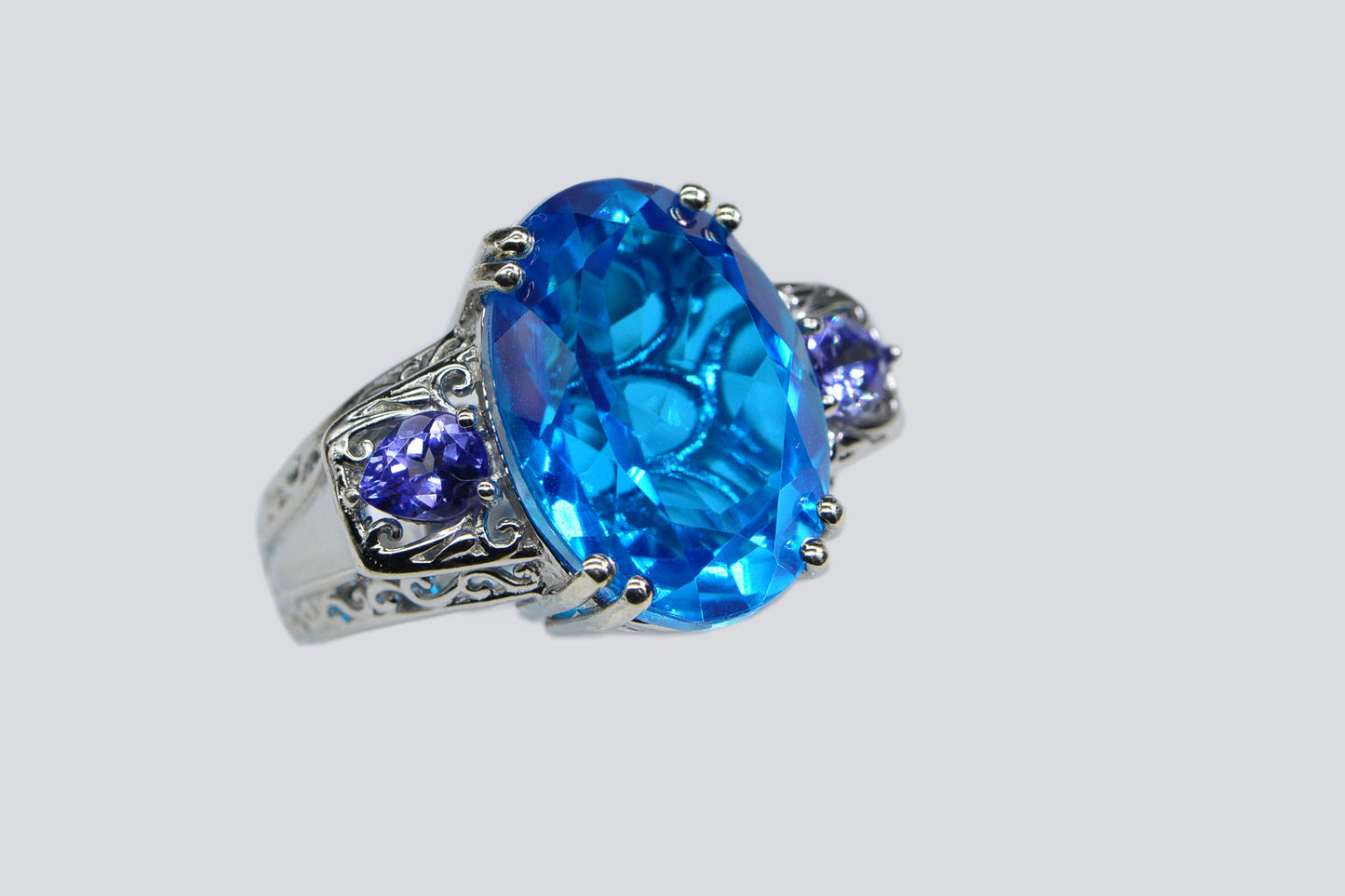 Electric Blue Topaz Natural Tanzanite Large Stone Cocktail Ring Sterling Silver