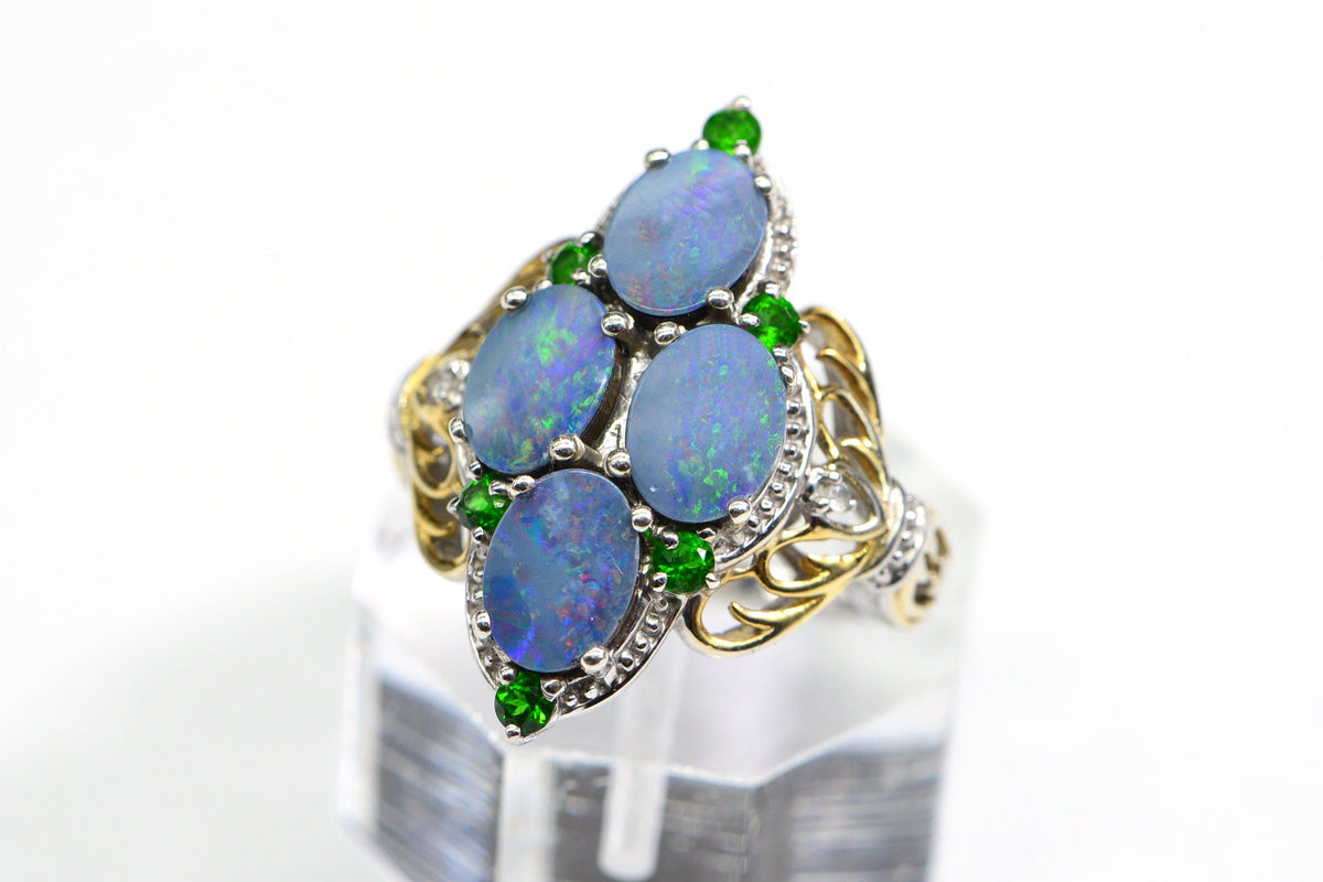 Australian Black Opal Marquise  Ring Sterling Silver Cocktail Fancy Women Ring