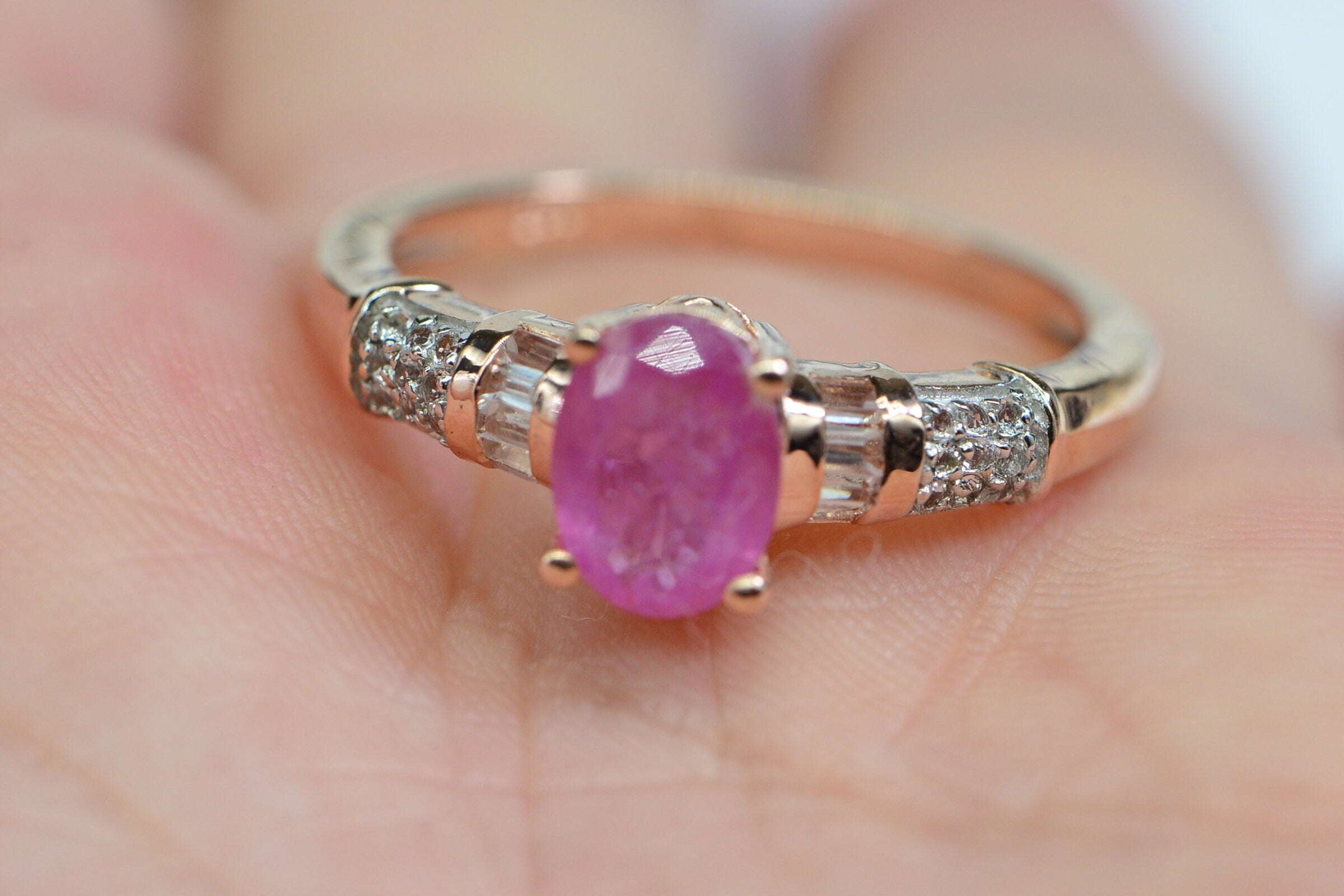 Pink Sapphire White Zircon Rose Gold Engagement Ring