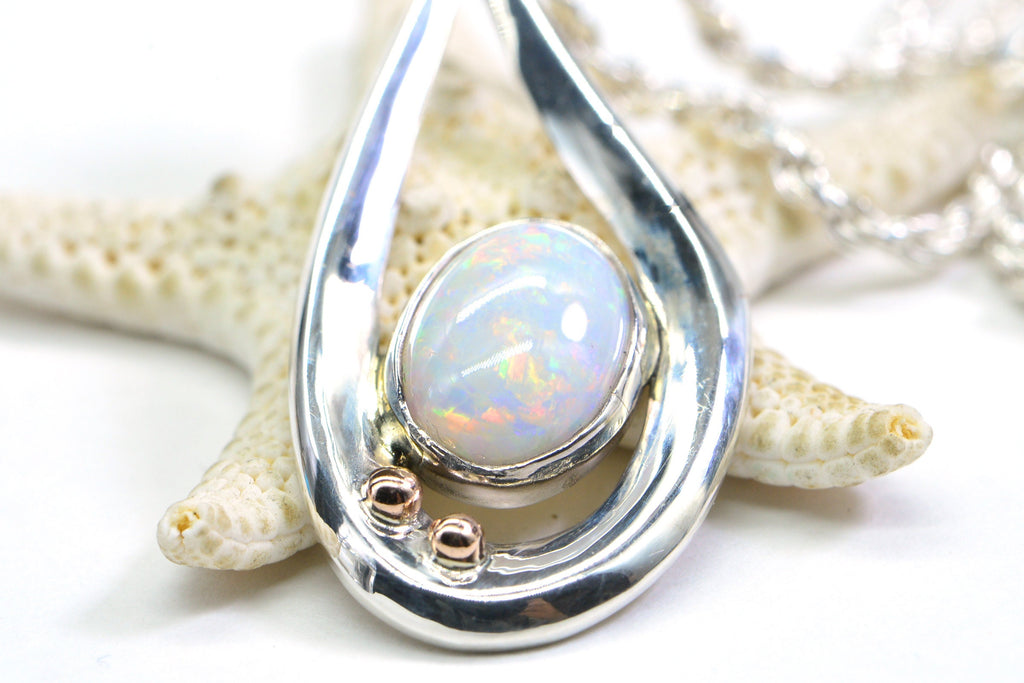 Australian White Opal Pendant: Sterling Silver Teardrop, Coober Pedy Opal