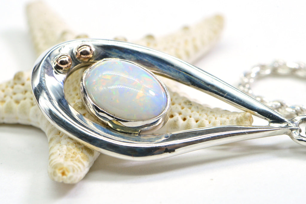Australian White Opal Pendant: Sterling Silver Teardrop, Coober Pedy Opal
