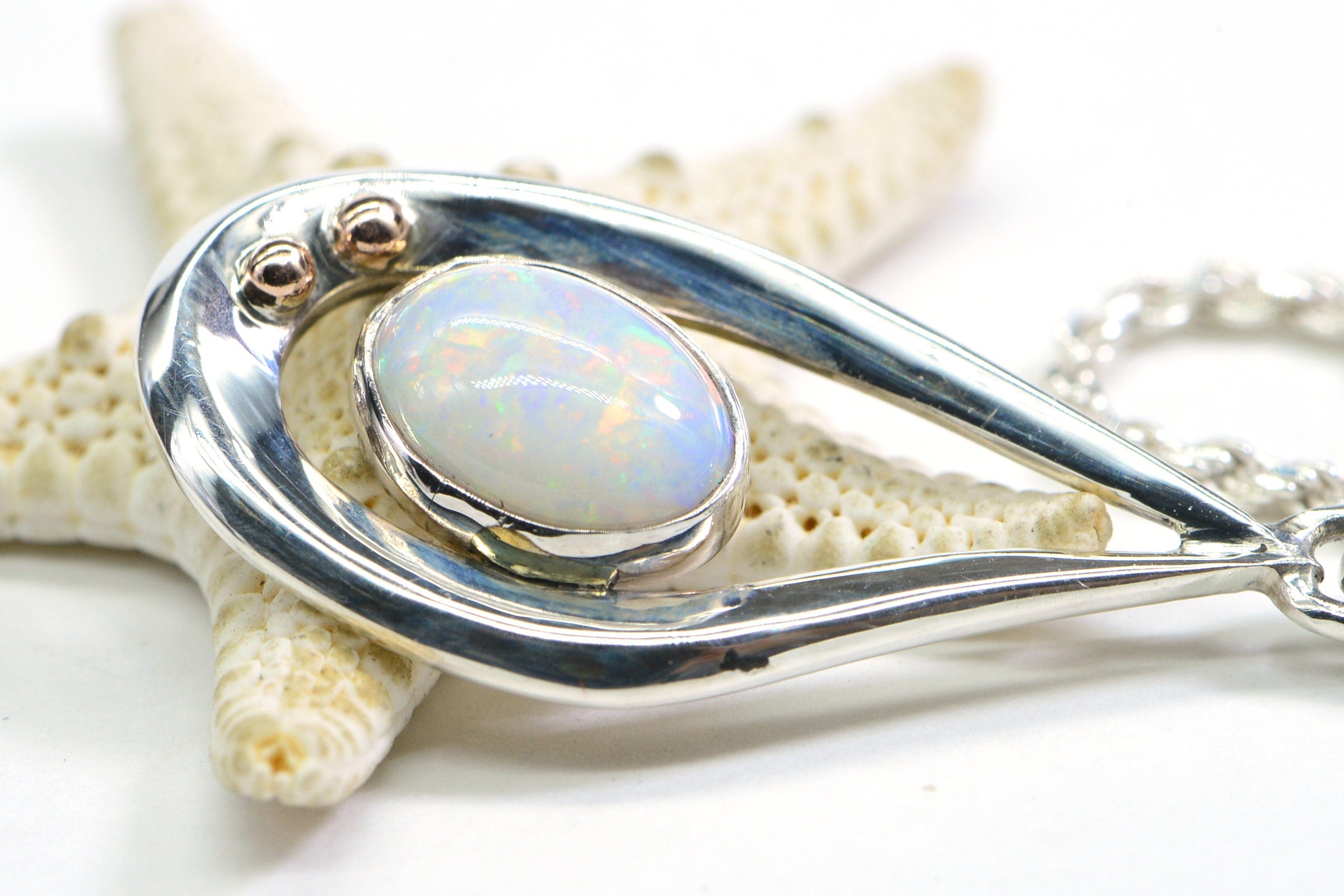 Australian White Opal Pendant: Sterling Silver Teardrop, Coober Pedy Opal