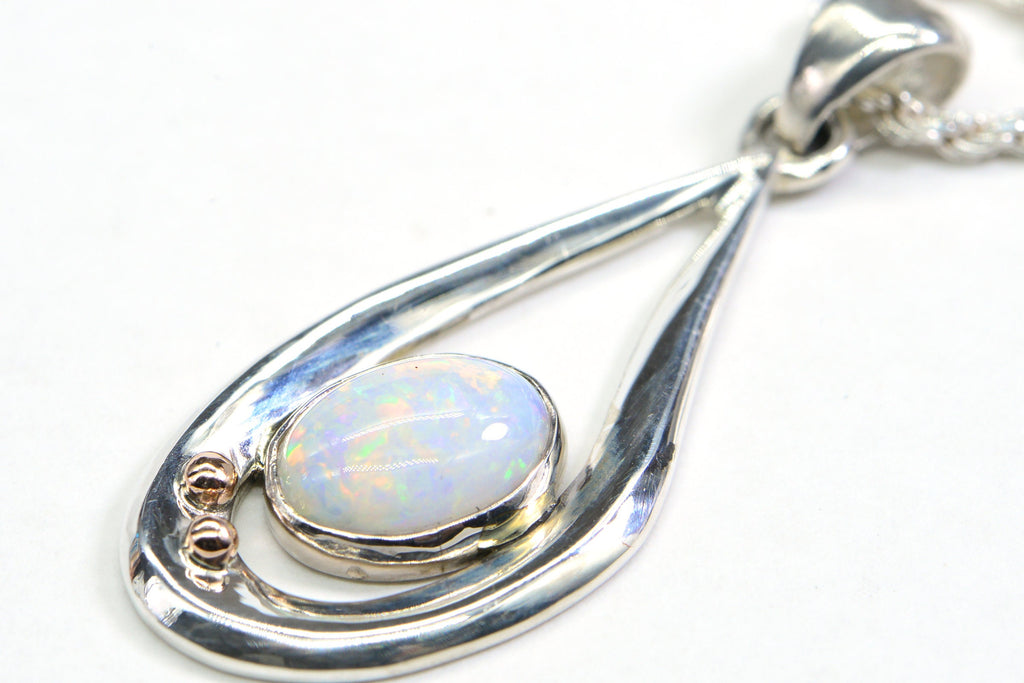 Australian White Opal Pendant: Sterling Silver Teardrop, Coober Pedy Opal