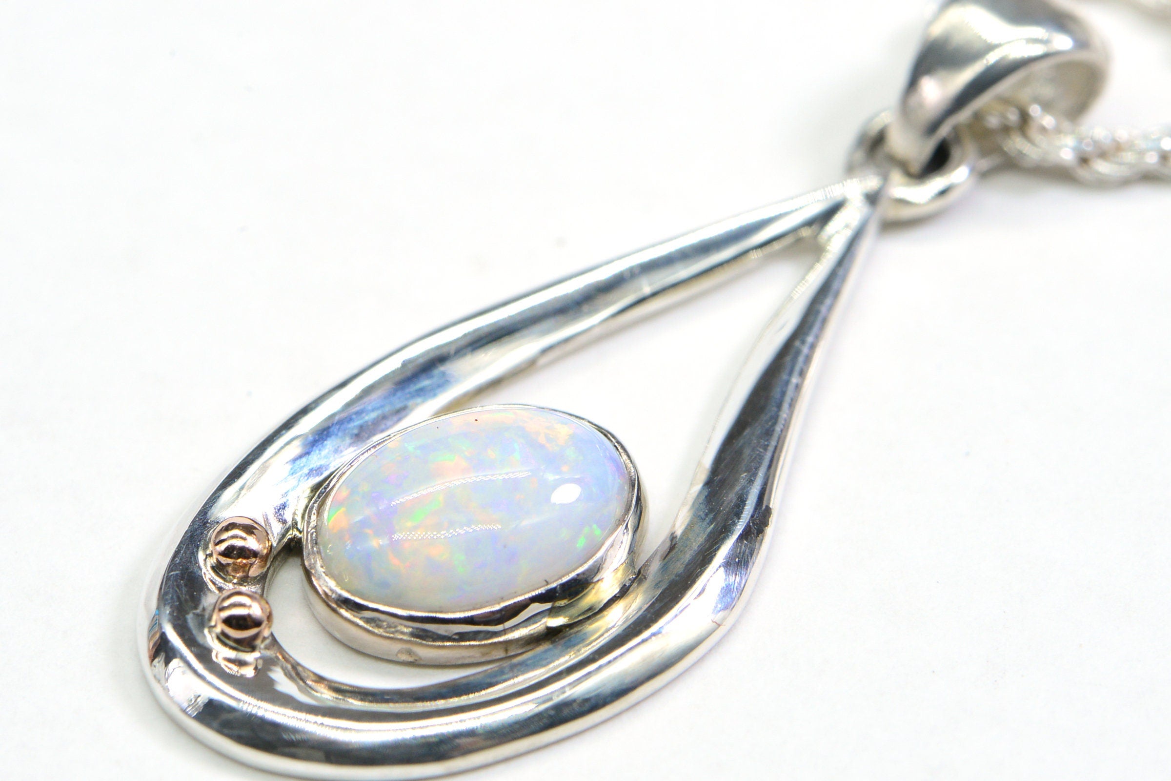 Australian White Opal Pendant: Sterling Silver Teardrop, Coober Pedy Opal