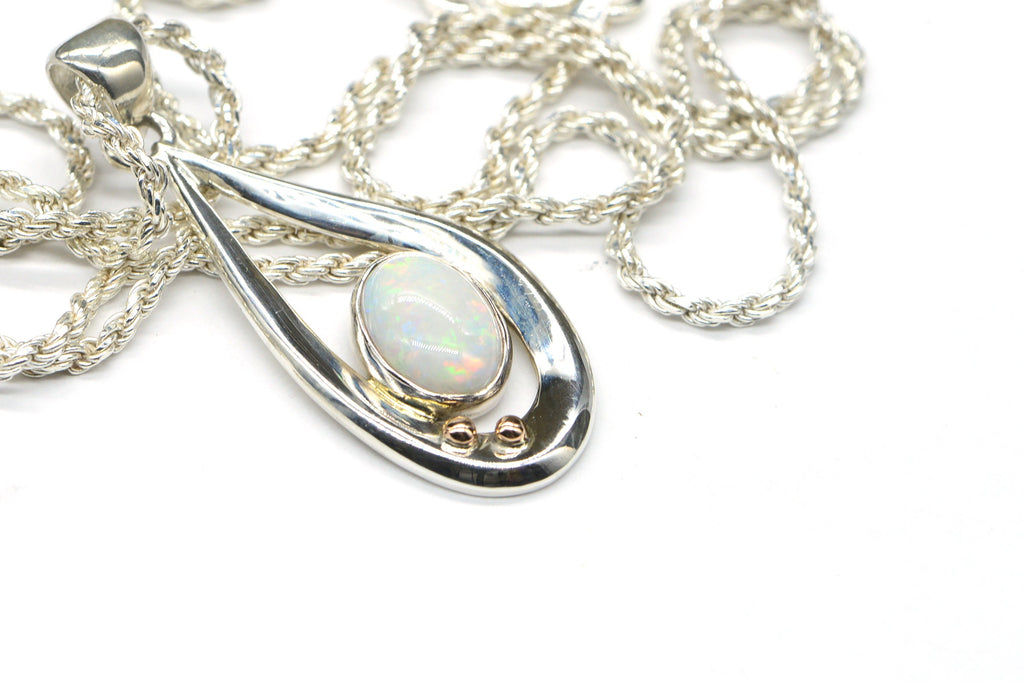 Australian White Opal Pendant: Sterling Silver Teardrop, Coober Pedy Opal