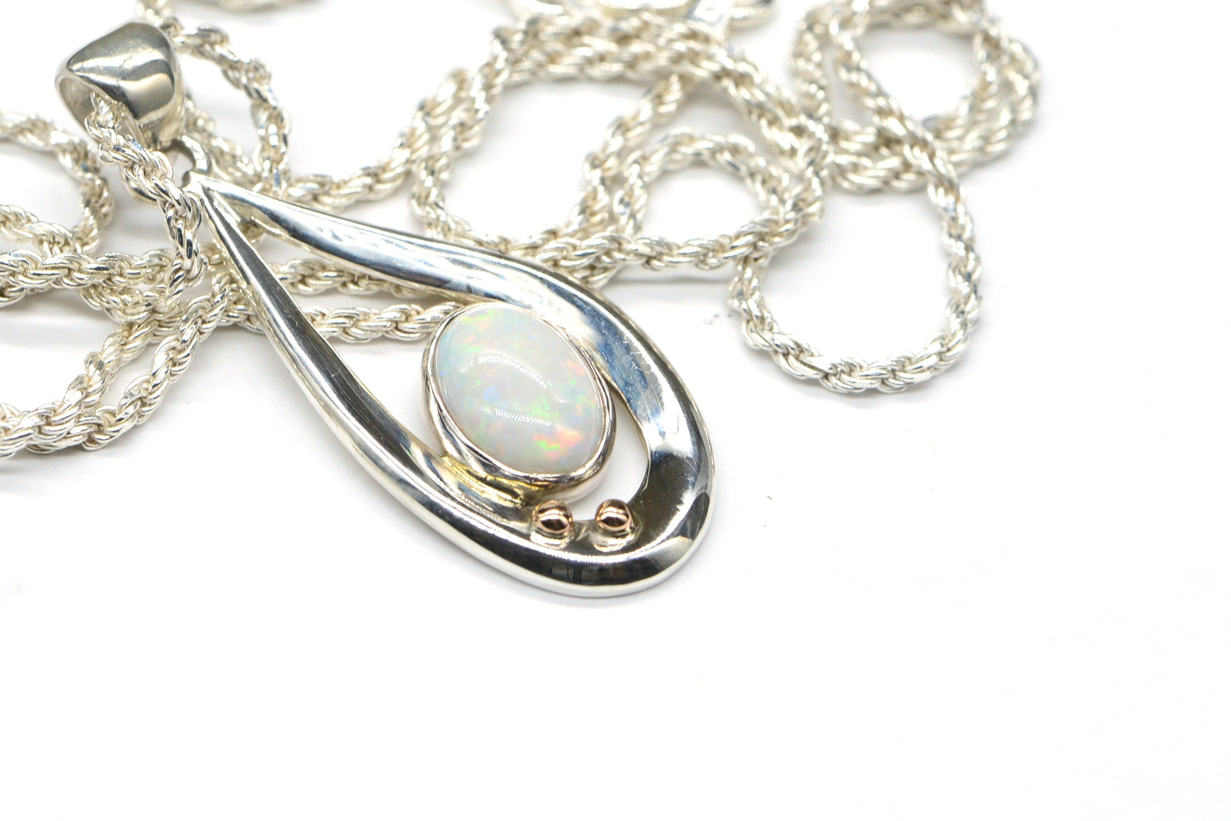Australian White Opal Pendant: Sterling Silver Teardrop, Coober Pedy Opal