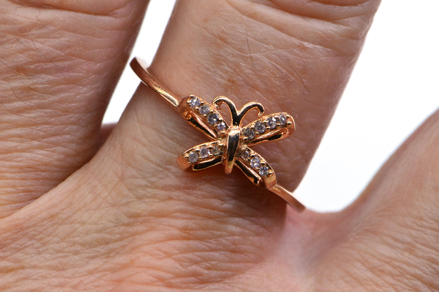 Vintage Diamond Butterfly Ring, Rose Gold Vermeil Stacking Ring, Size 10