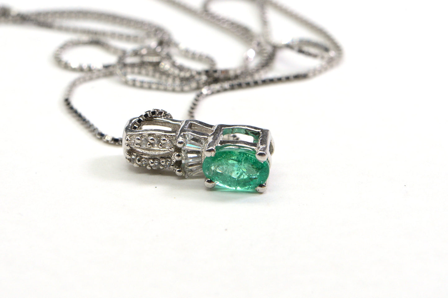 Emerald & Zircon Sterling Silver Pendant Necklace, May Birthstone