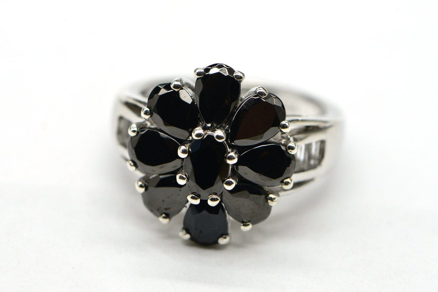 Black Spinel Flower Ring: Sterling Silver Multi Stone Cocktail Ring