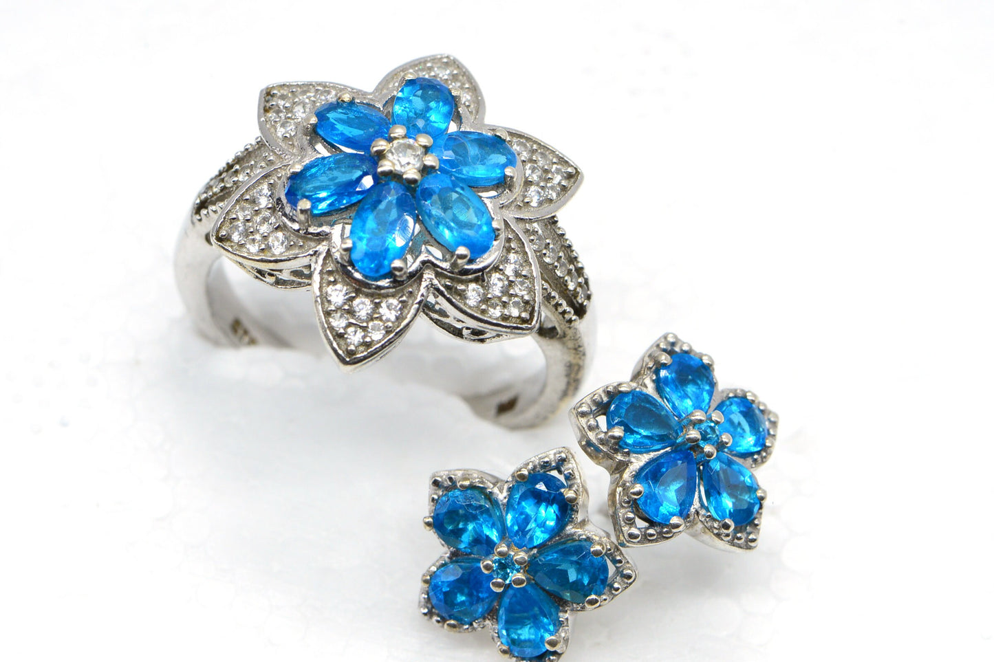Sterling Silver Neon Apatite Flower Ring and Earrings Set