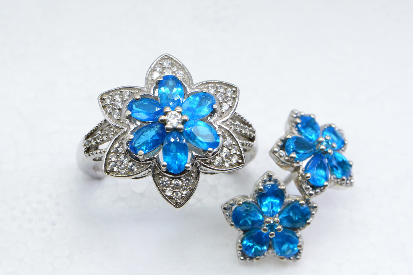 Sterling Silver Neon Apatite Flower Ring and Earrings Set