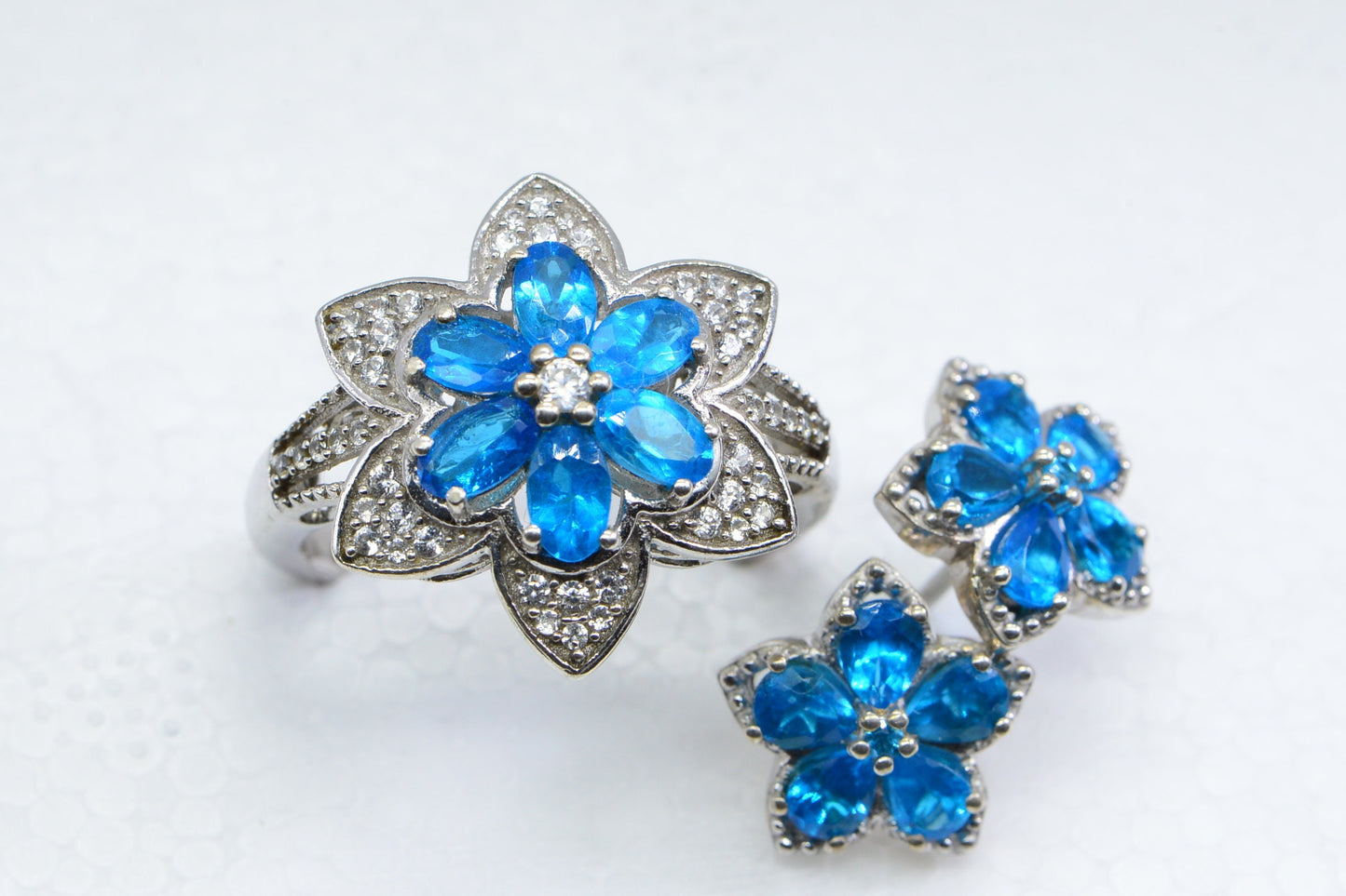 Sterling Silver Neon Apatite Flower Ring and Earrings Set