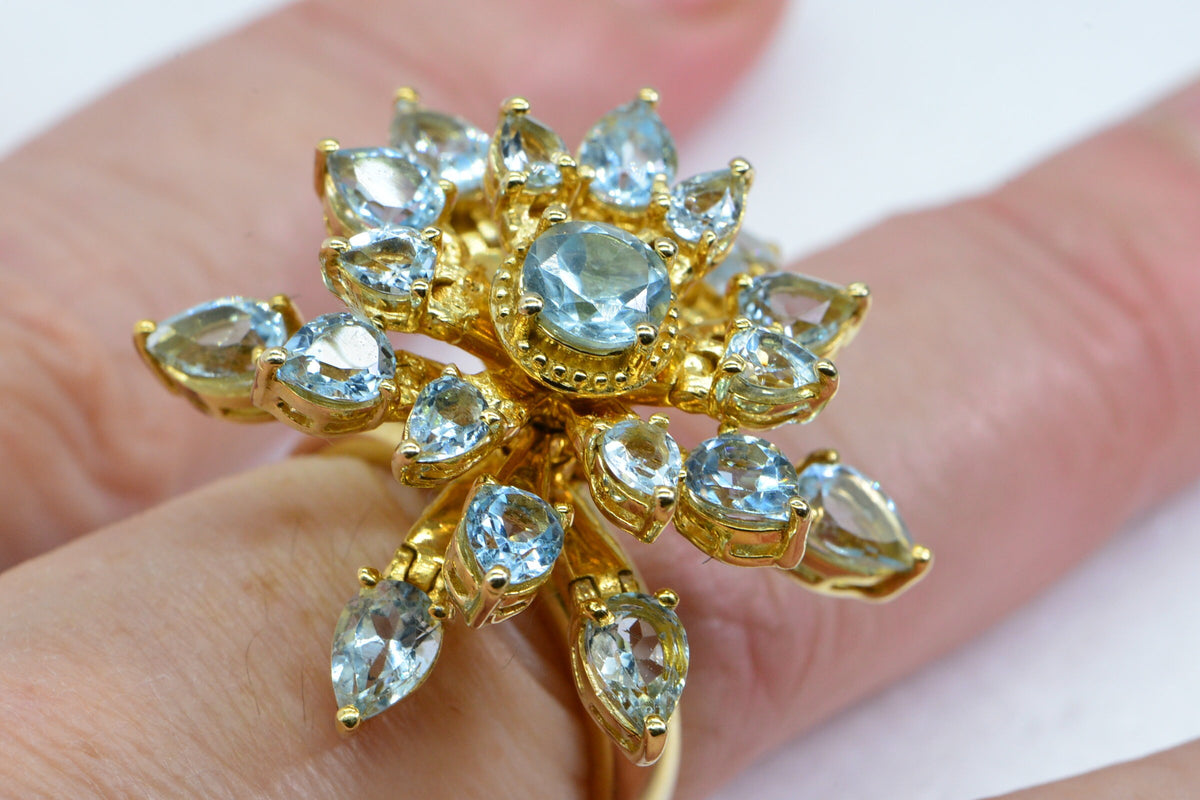 Aquamarine Ring 14K Yellow Gold Vermeil Flower Design Fashion Cocktail ring For Women
