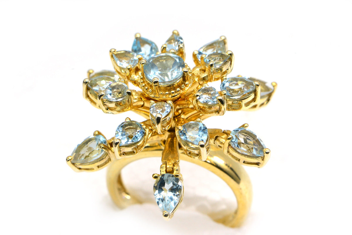 Aquamarine Ring 14K Yellow Gold Vermeil Flower Design Fashion Cocktail ring For Women
