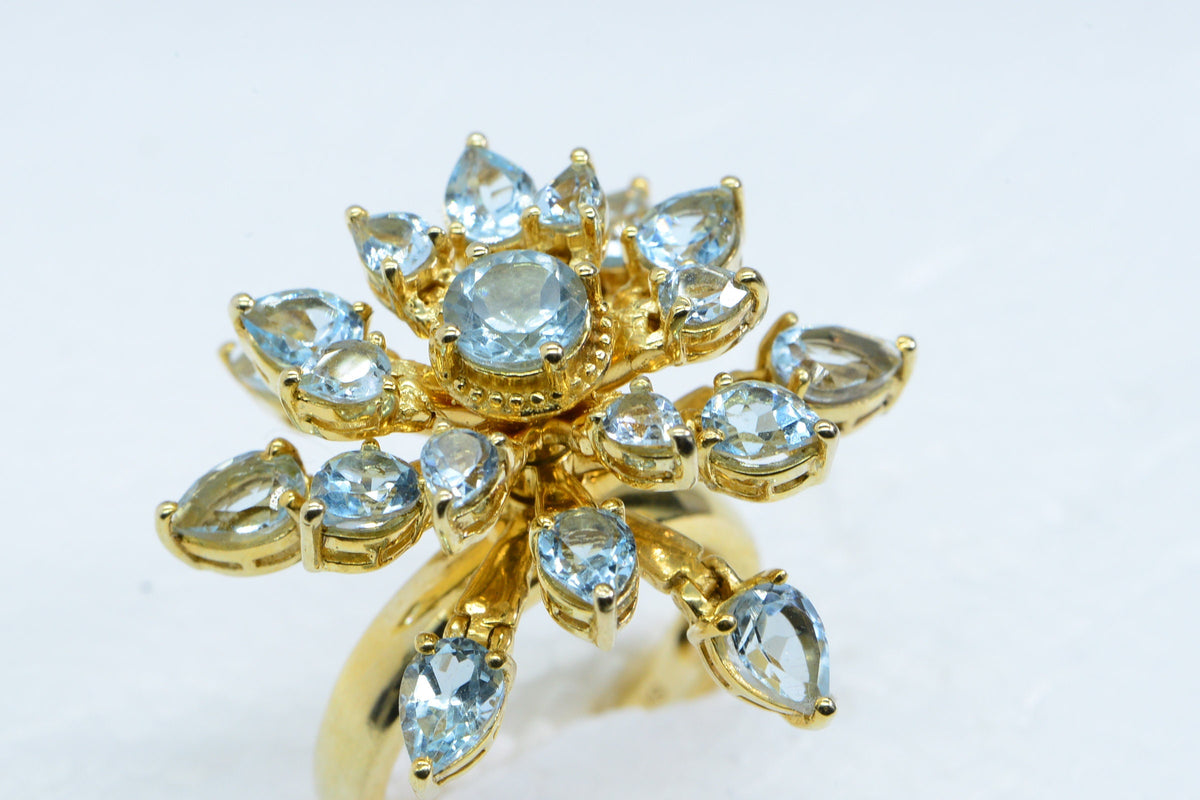 Aquamarine Ring 14K Yellow Gold Vermeil Flower Design Fashion Cocktail ring For Women