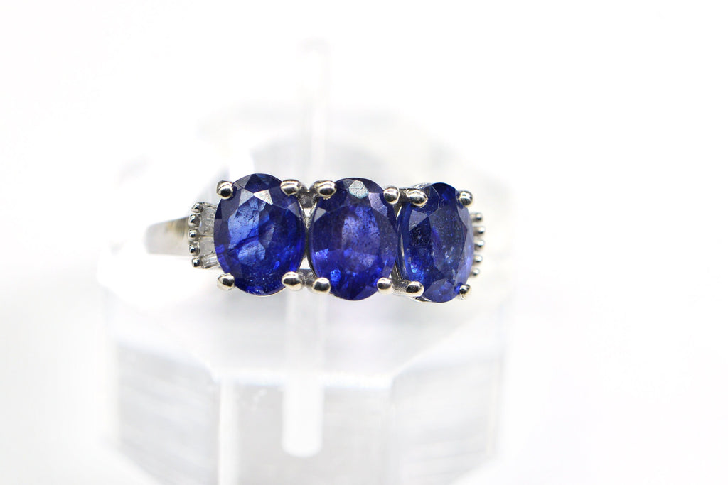 Blue Sapphire Three Stone Ring: Baguette Diamond, Sterling Silver