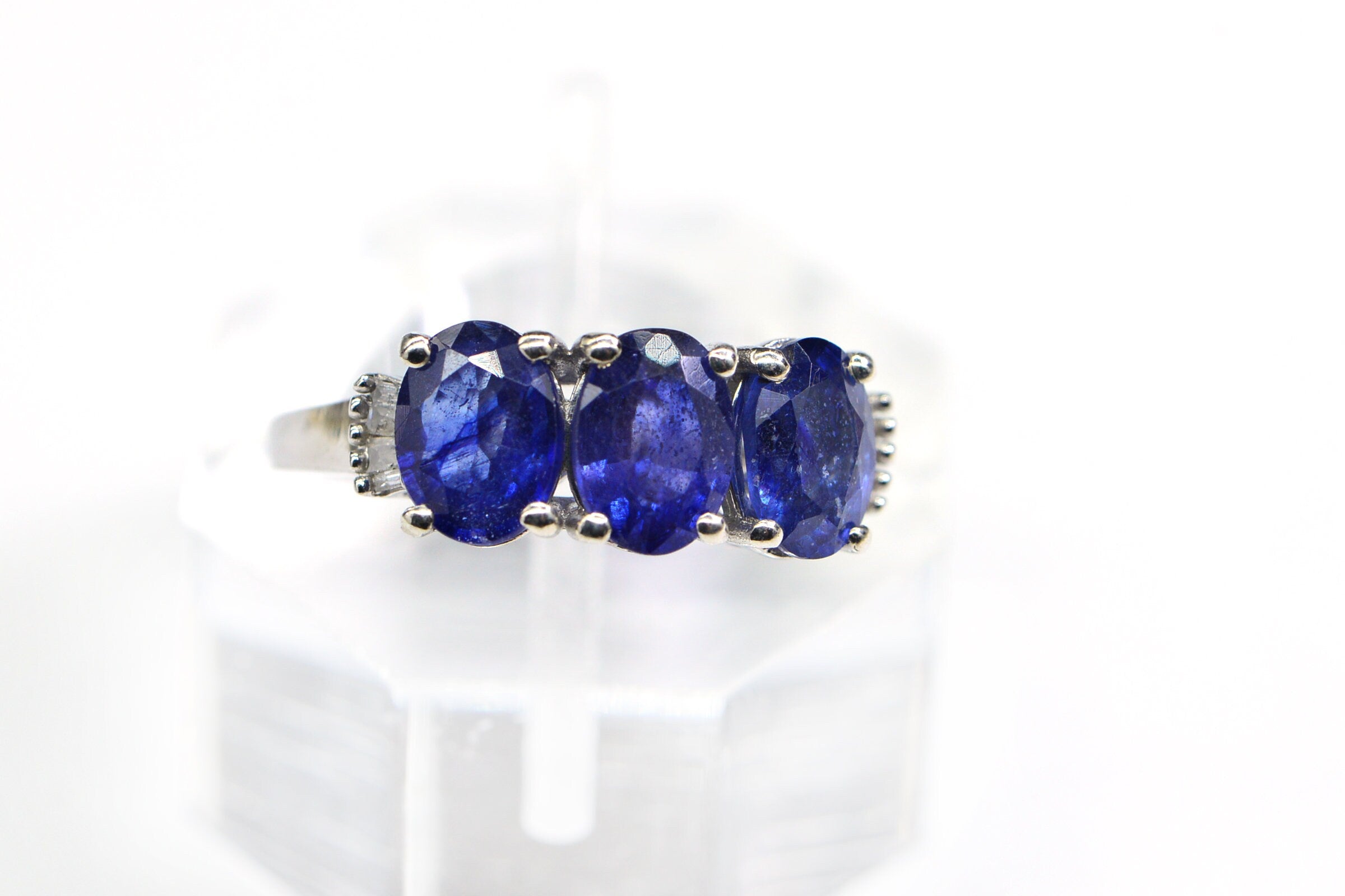 Blue Sapphire Three Stone Ring: Baguette Diamond, Sterling Silver