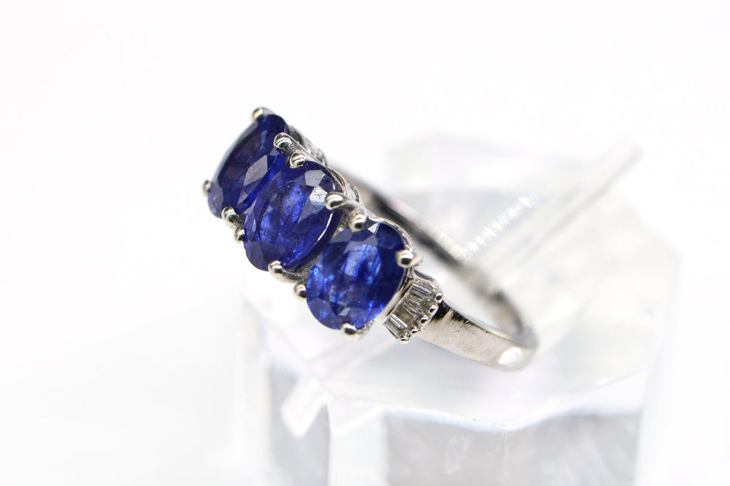 Blue Sapphire Three Stone Ring: Baguette Diamond, Sterling Silver