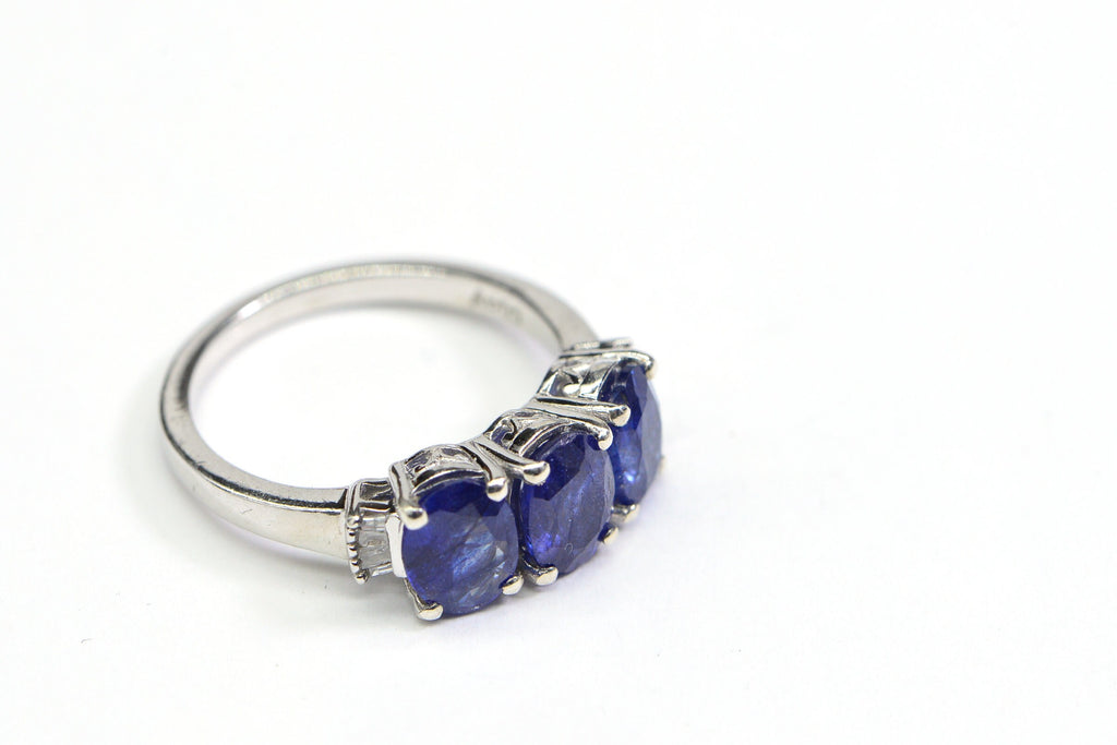 Blue Sapphire Three Stone Ring: Baguette Diamond, Sterling Silver