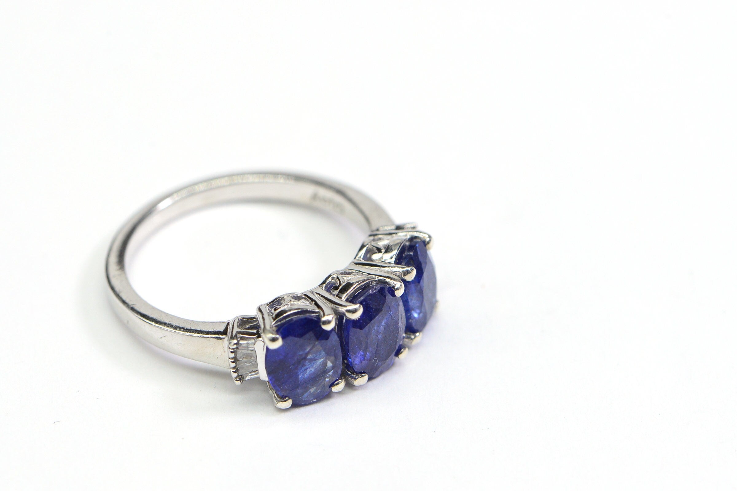 Blue Sapphire Three Stone Ring: Baguette Diamond, Sterling Silver