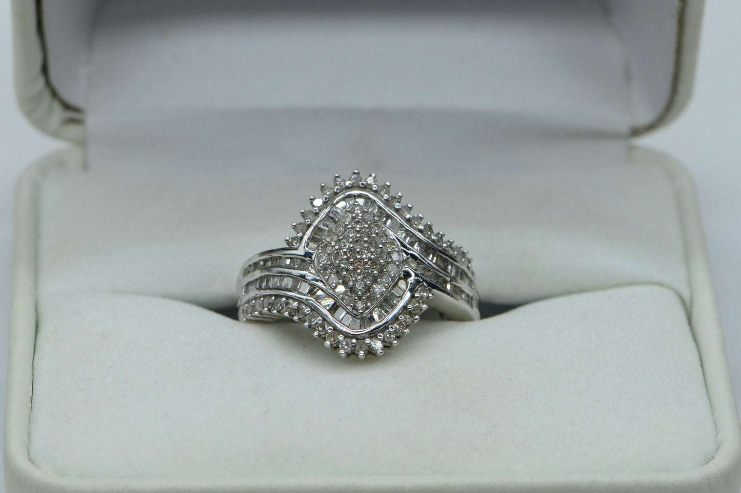 Vintage Diamond Cluster Ring, Sterling Silver Rhodium Finish, US Size 6