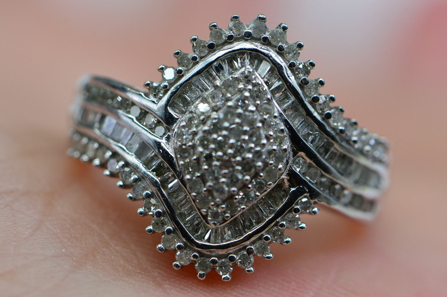 Vintage Diamond Cluster Ring, Sterling Silver Rhodium Finish, US Size 6