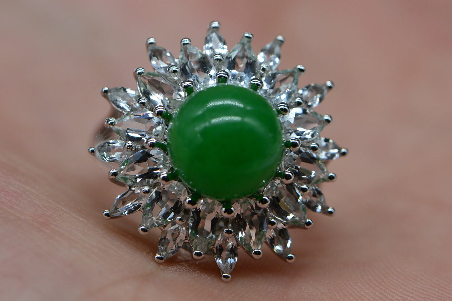Jadeite Jade Ballerina Ring: Apple Green, White Topaz, Sterling Silver
