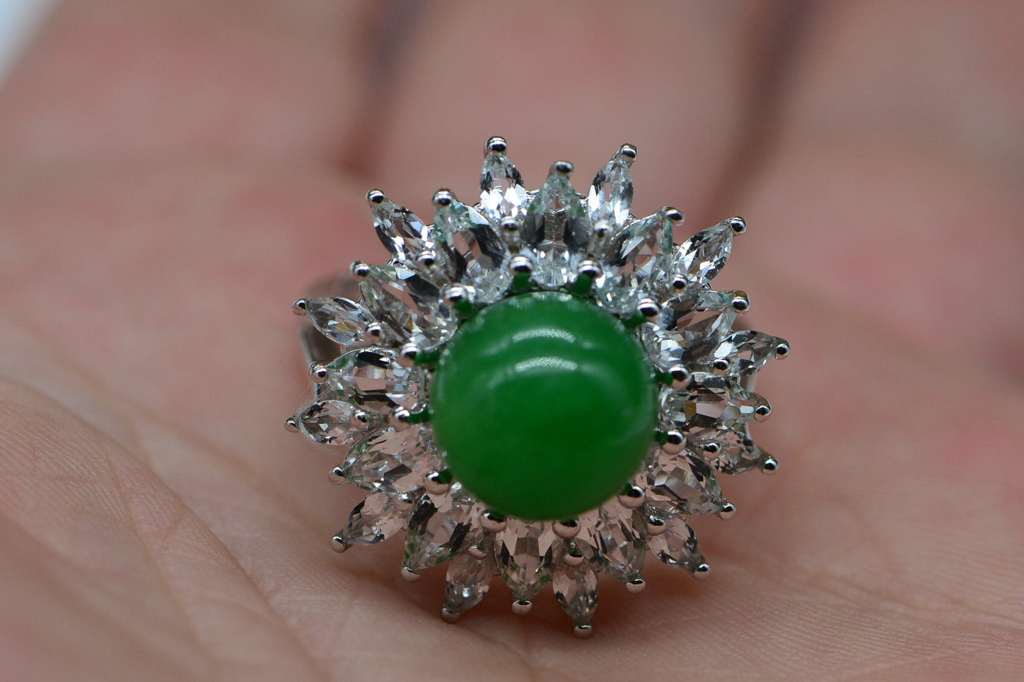 Jadeite Jade Ballerina Ring: Apple Green, White Topaz, Sterling Silver