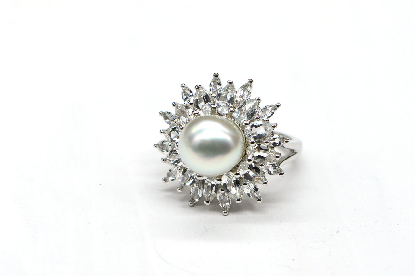 10mm Golden Pearl Ring: White Topaz Halo, Sterling Silver