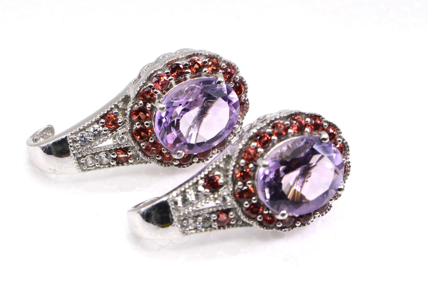 Rose de France Amethyst Sterling Silver Earrings, Garnet & Topaz Halo