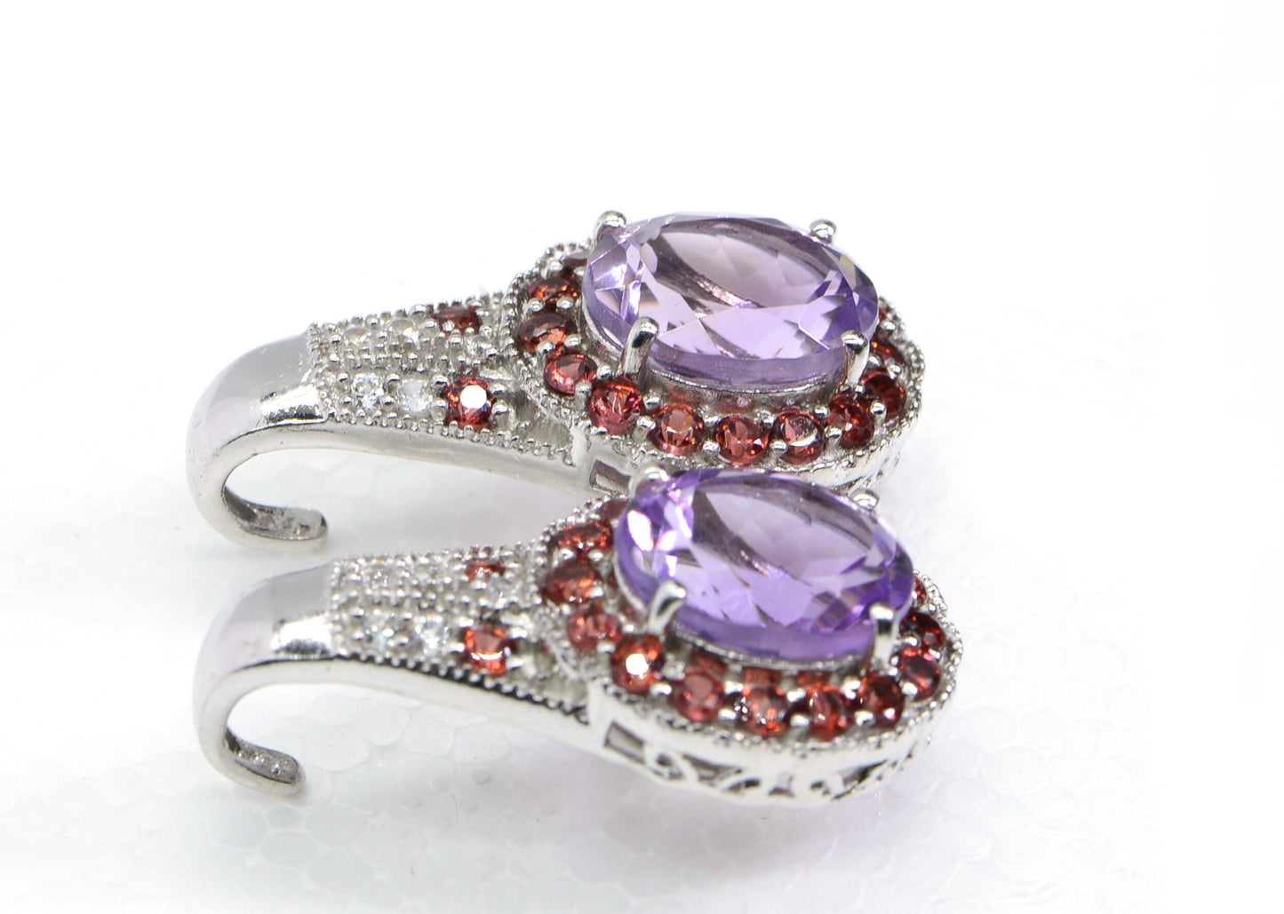 Rose de France Amethyst Sterling Silver Earrings, Garnet & Topaz Halo