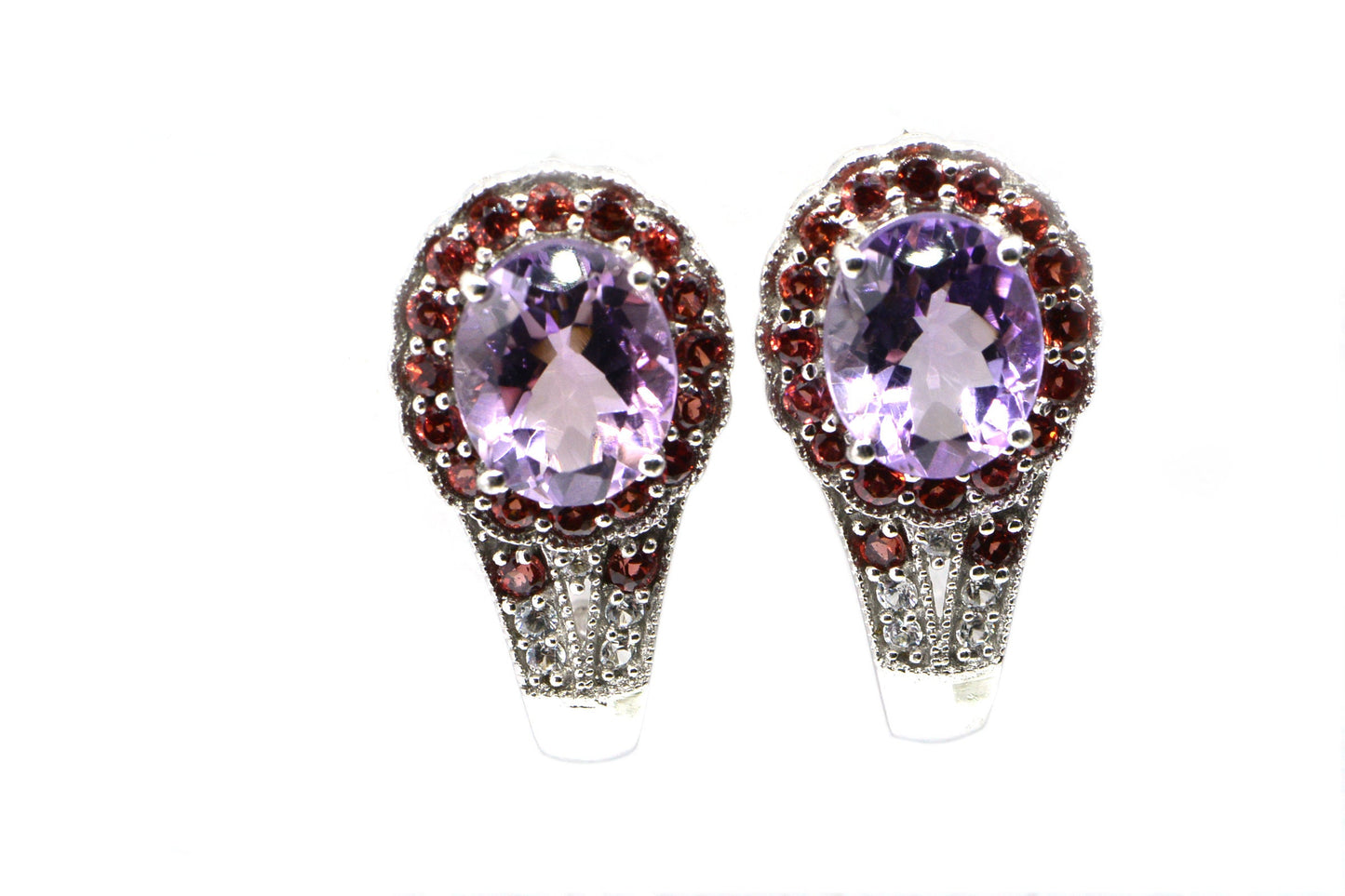 Rose de France Amethyst Sterling Silver Earrings, Garnet & Topaz Halo