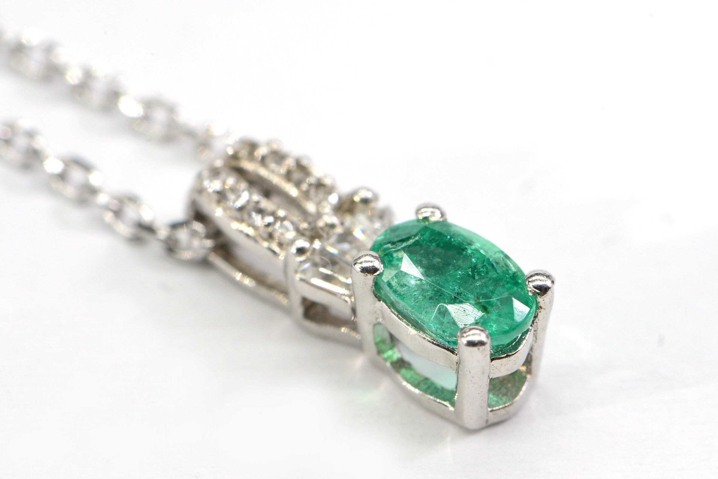 Genuine Colombian Emerald Halo Diamond Accent Sterling Silver Necklace Pendant Birthstone May Mothers Gift