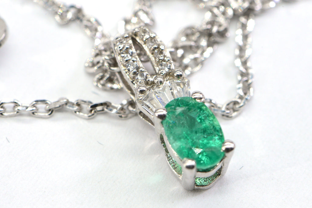 Genuine Colombian Emerald Halo Diamond Accent Sterling Silver Necklace Pendant Birthstone May Mothers Gift