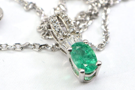 Genuine Colombian Emerald Halo Diamond Accent Sterling Silver Necklace Pendant Birthstone May Mothers Gift